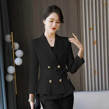 Temperament žien nohavice obleky 2021 nové slim kvalitné double-breasted dámske sako Elegantné nohavice office suit