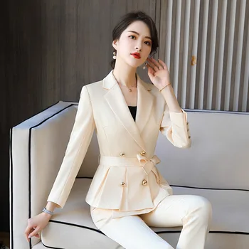 Temperament žien nohavice obleky 2021 nové slim kvalitné double-breasted dámske sako Elegantné nohavice office suit