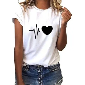 Ženy T Voľné Tričko-Krátke rukávy Krásne Srdce Tlače Letné T-shirt Príležitostné O-krku Zena Top Camiseta Mujer 2021 Camiseta #sr