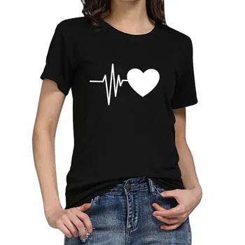 Ženy T Voľné Tričko-Krátke rukávy Krásne Srdce Tlače Letné T-shirt Príležitostné O-krku Zena Top Camiseta Mujer 2021 Camiseta #sr