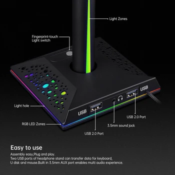 EB01RGB pre Slúchadlá, Stand Odtlačkov prstov Ovládanie RGB Herné Headset Stôl Konzola Držiaka Telefónu s 3,5 mm AUX 2 Nabíjačku USB Porty