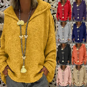 Jarné módne dámy voľné plus veľkosť pevných farby s kapucňou dlhým rukávom sveter top traf женские свитера Ženy Pletené Bežné