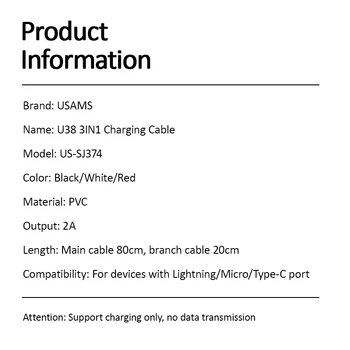 USAMS 3 v 1 PD Rýchle Nabíjanie Kábel Typ-C 5A 4A Telefónu kábel Usb Kábel Typ-C Lightning Dátový Kábel Pre Huawei Xiao Iphone