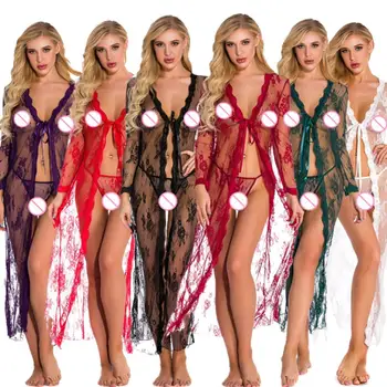2021 Ženy, Erotické Dlhý Rukáv Kvetinová Čipka Vidieť Cez Nightgown G-String Sleepwear Nastaviť Exotické Sady