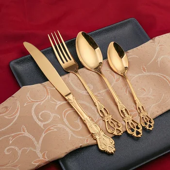 Vintage Západnej Pozlátené Jedálenský Príbor, Nože, Vidličky A Lyžičky Nastaviť Zlaté Luxusné Riadu Rytie Stolový Riad Nastaviť