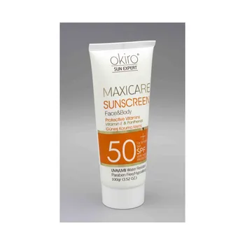 Okiro Sun Cream Maxicare opaľovací Krém na Tvár, Telo Ochranné Vitamíny 50+ SPF Veľmi Vysokú Ochranu UVA/UVB Vody Res. Paraben yok