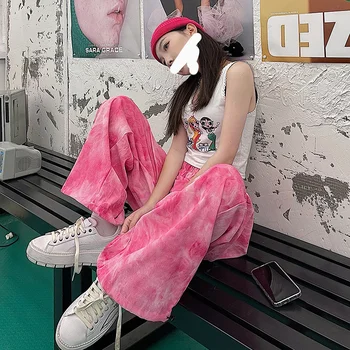 Y2K Ružová Módne kórejský Voľné Širokú Nohu, Vysoký Pás Camo Palazzo nohavice Nohavice Ženy Farbenie Pantalon Femme Streetwear Hip Hop