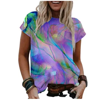 3D Gradient Print T Shirt Ženy 2021 Nové Letné Krátky Rukáv O-Krku Bežné Topy Nadrozmerné Dámy Voľné Tričko Plus Veľkosti 4XL 5XL