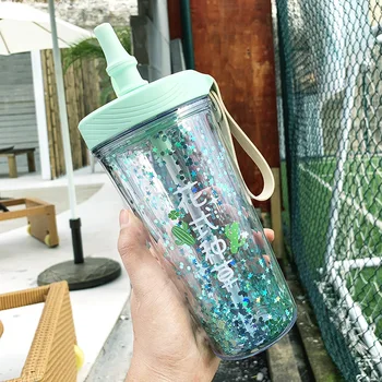 Móda Tlačené Plastový Pohár Vody Silikónové nepriepustných Pohár S Vekom Dievča Srdce Sequin Prenosné Slamy Fľaša na Vodu S Rukoväťou