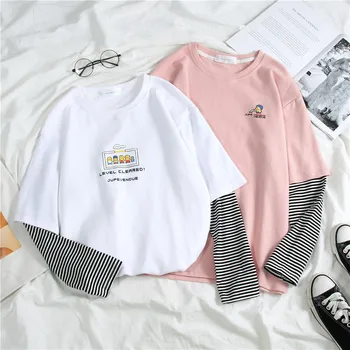 2021 Jar Harajuku Dlhý Rukáv T shirt Ženy Hip-hop Streetwear Tees kórejský Prúžok Cartoon [rint T-shirts Dievčatá Ružové Biele Top