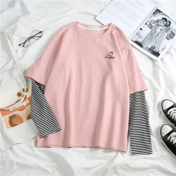 2021 Jar Harajuku Dlhý Rukáv T shirt Ženy Hip-hop Streetwear Tees kórejský Prúžok Cartoon [rint T-shirts Dievčatá Ružové Biele Top