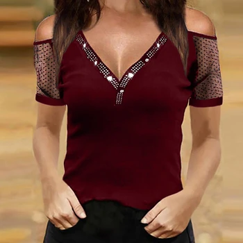 Ženy Mimo Ramenný T Shirt Lete Elegantné Krátke Rukávy Dochádzanie Pulóver tvaru Čipky Klesnutie, Blúzky