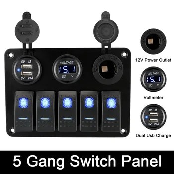 Digitálny Napätie 5 Gang LED Kolískový Spínač Panel S Poistka Nepremokavé 12/24V Výstup Zmes Dual USB Slot Zásuvky