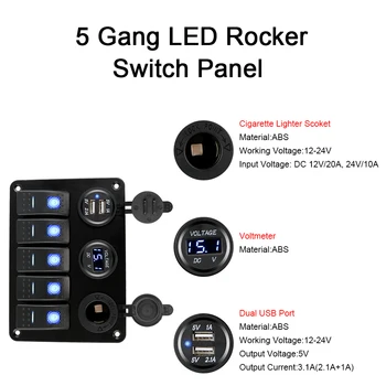 Digitálny Napätie 5 Gang LED Kolískový Spínač Panel S Poistka Nepremokavé 12/24V Výstup Zmes Dual USB Slot Zásuvky